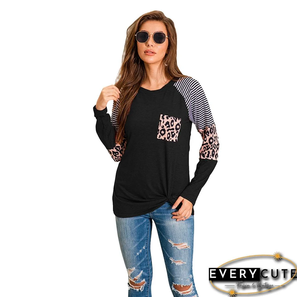 Black Spliced Leopard Pocket Stripes Long Sleeve Tops