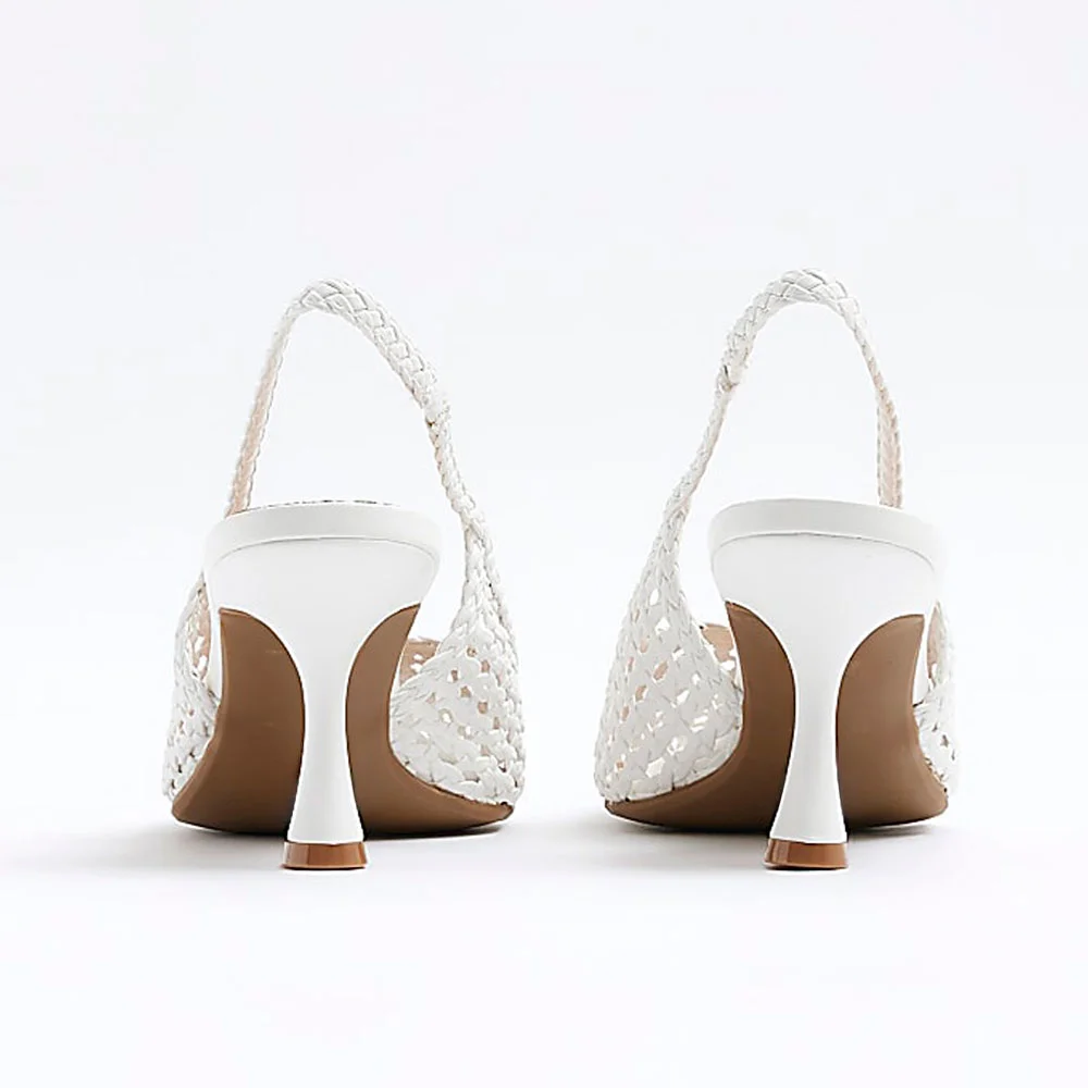 White Pointed Toe Woven Wedding Slingback Heels with Cut-Outs