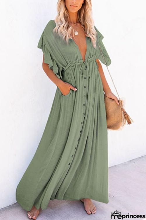 Button Drawstring Waist Bat Maxi Cover Dress