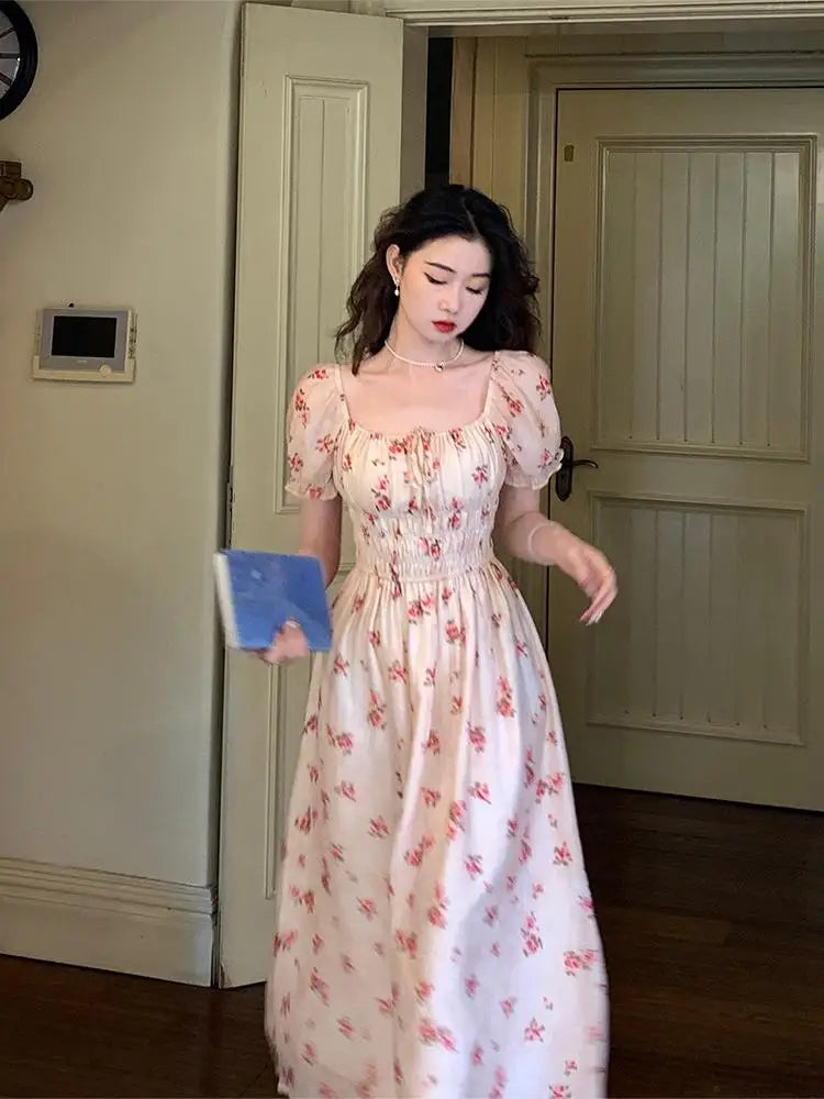 Aiertu Fashion Vintage Womens Sweet Lace-up Boho Dress Summer Casual Print Short Sleeve Square Neck Floral Corset Long Dresses Vestidos Aiertu