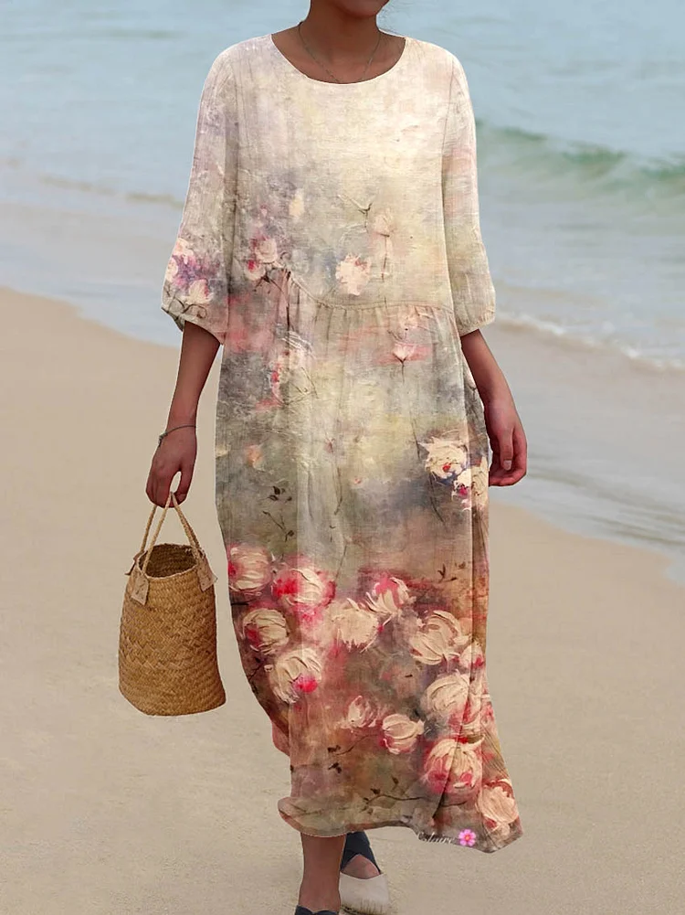 Womens Impressionist  Watercolor Art  Rose Flowers  Pattern Pocket Cotton Dress
