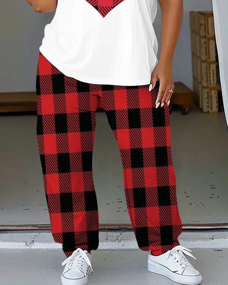 Women's Plus Size Love Check Pattern T-Shirt and Trousers Suit