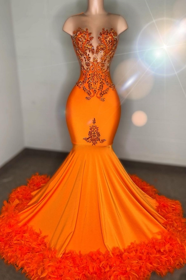 Luluslly Orange Sleeveless Prom Dress Mermaid Sleeveless With Beads Feather