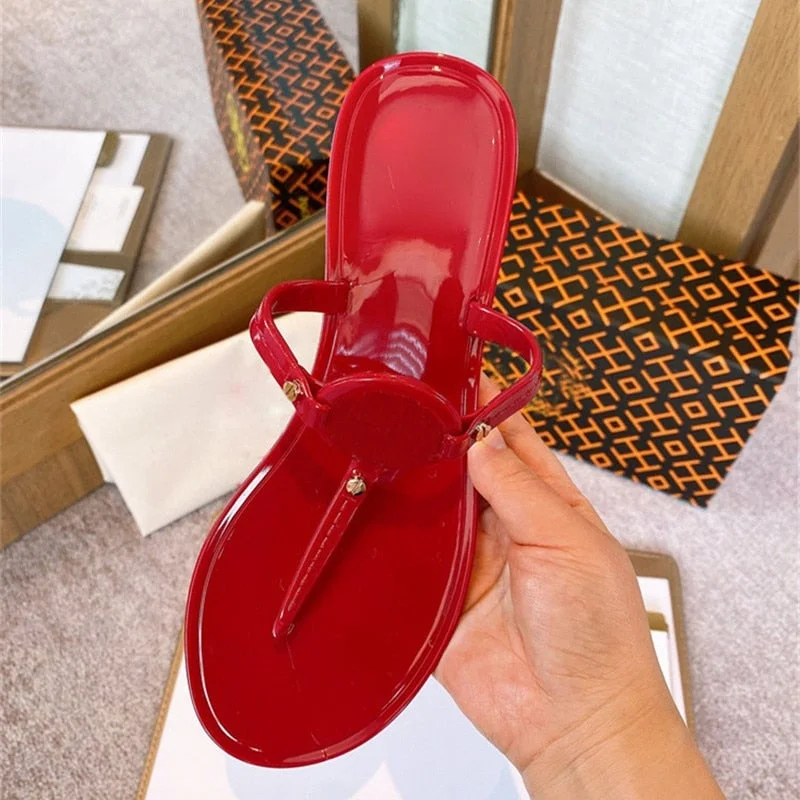 Summer Non-Slip Women Slippers Metal Decoration Slip-on Outdoor Round Toe Women Shoes Sandy Beach Jelly Flat Ladies Sandalias