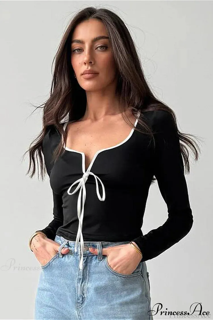 Ruched Tie Front Cropped Long Sleeve Tee