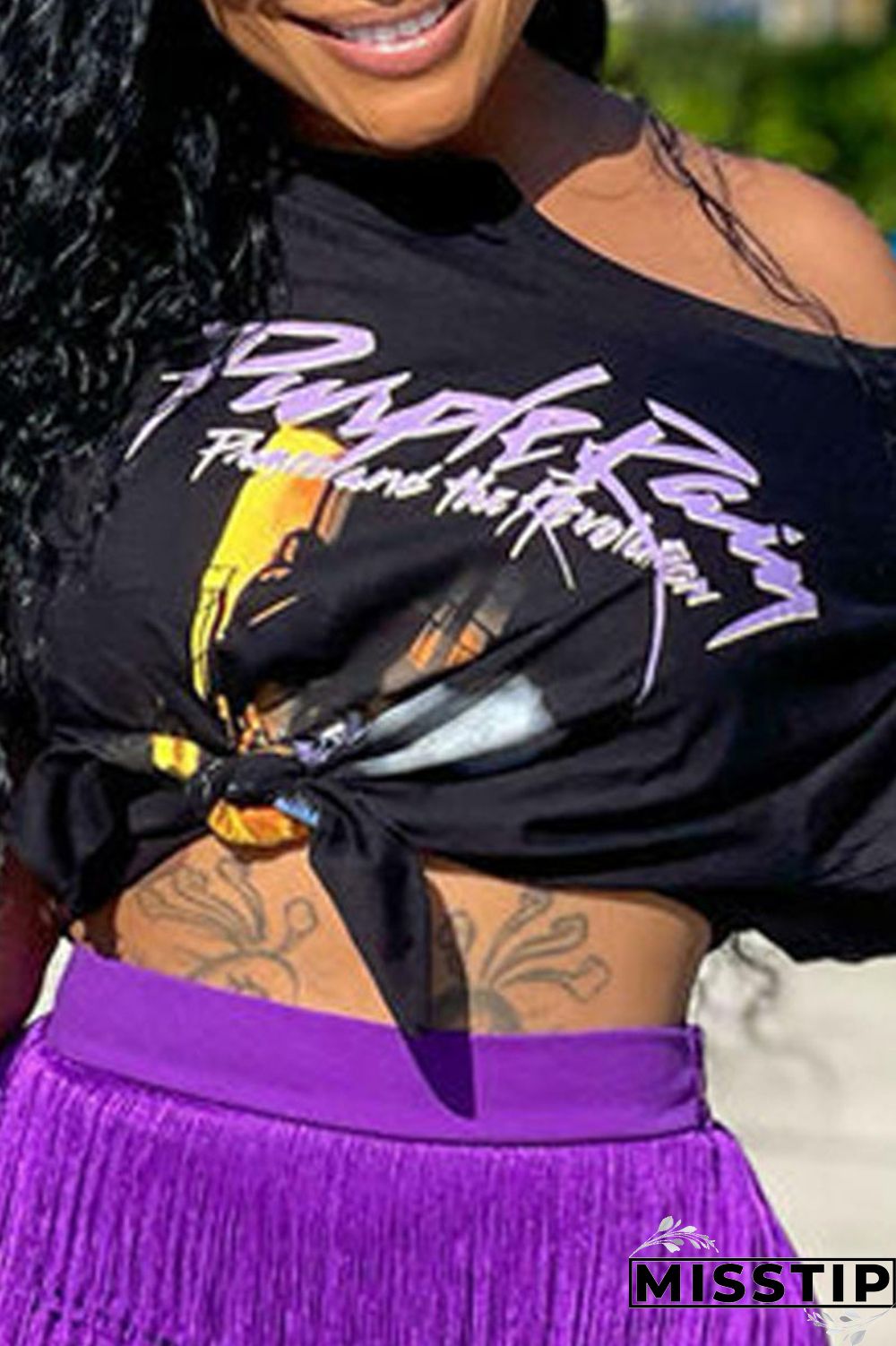 Black Casual Print Tassel Patchwork O Neck Short Sleeve Two Pieces