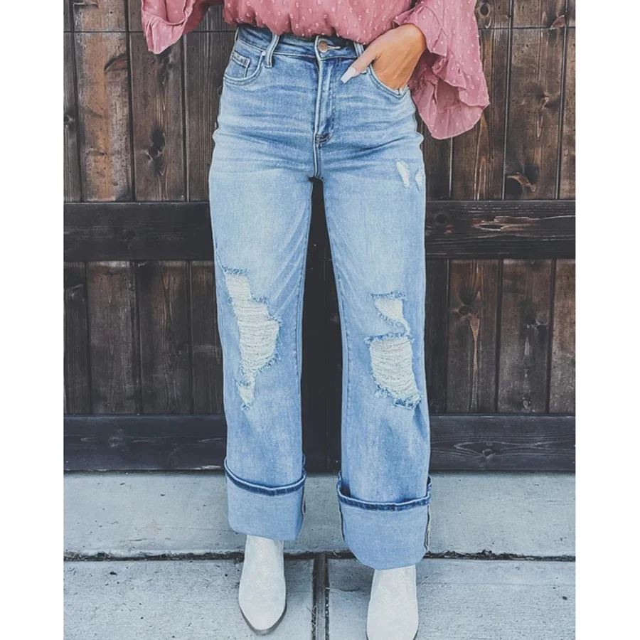 Women's Ripped Cowgirl Vintage Old School Denim Jeans Little Flare Jean