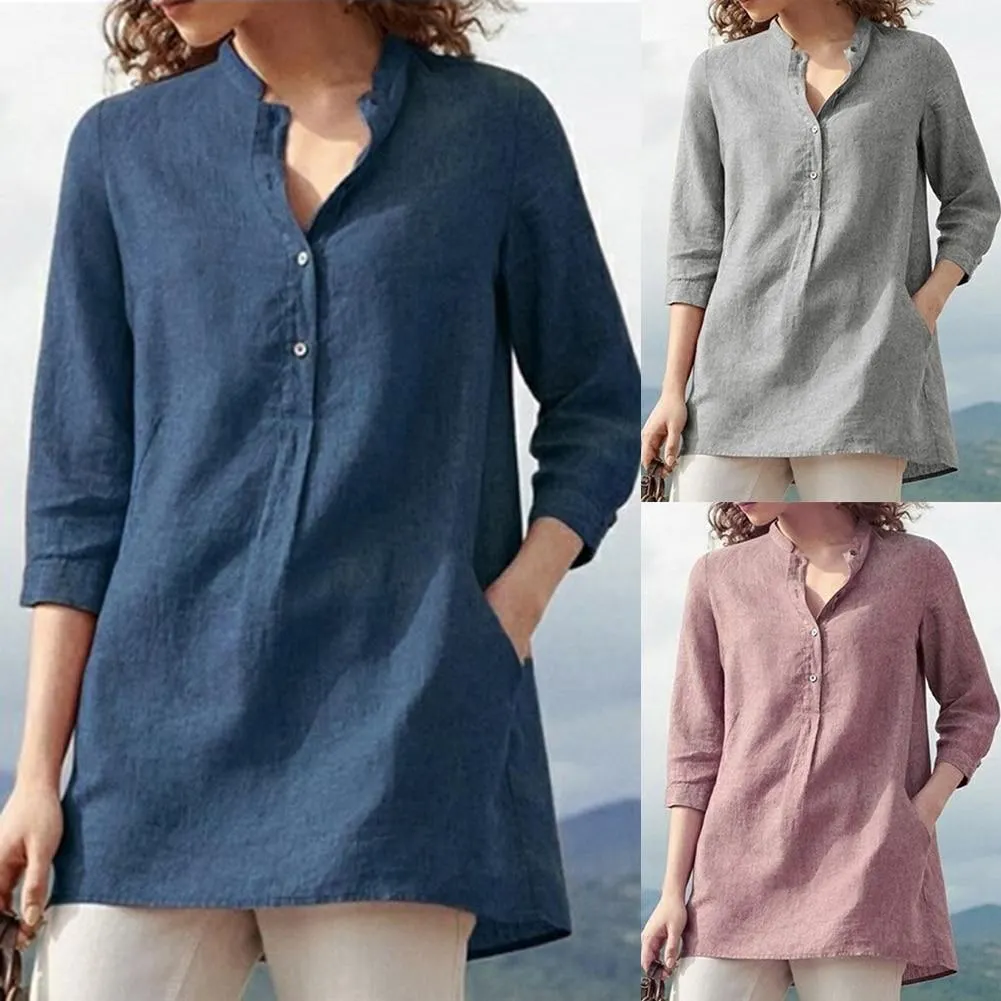 Casual Women Solid Color 3/4 Sleeve Pockets Buttons Cotton Linen Plus Size Shirt Solid color easy to pair with variety of pants
