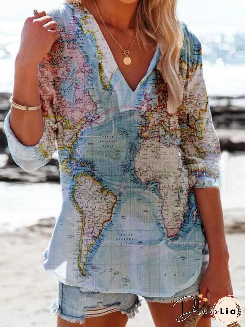 V Neck Map Printed Shirt
