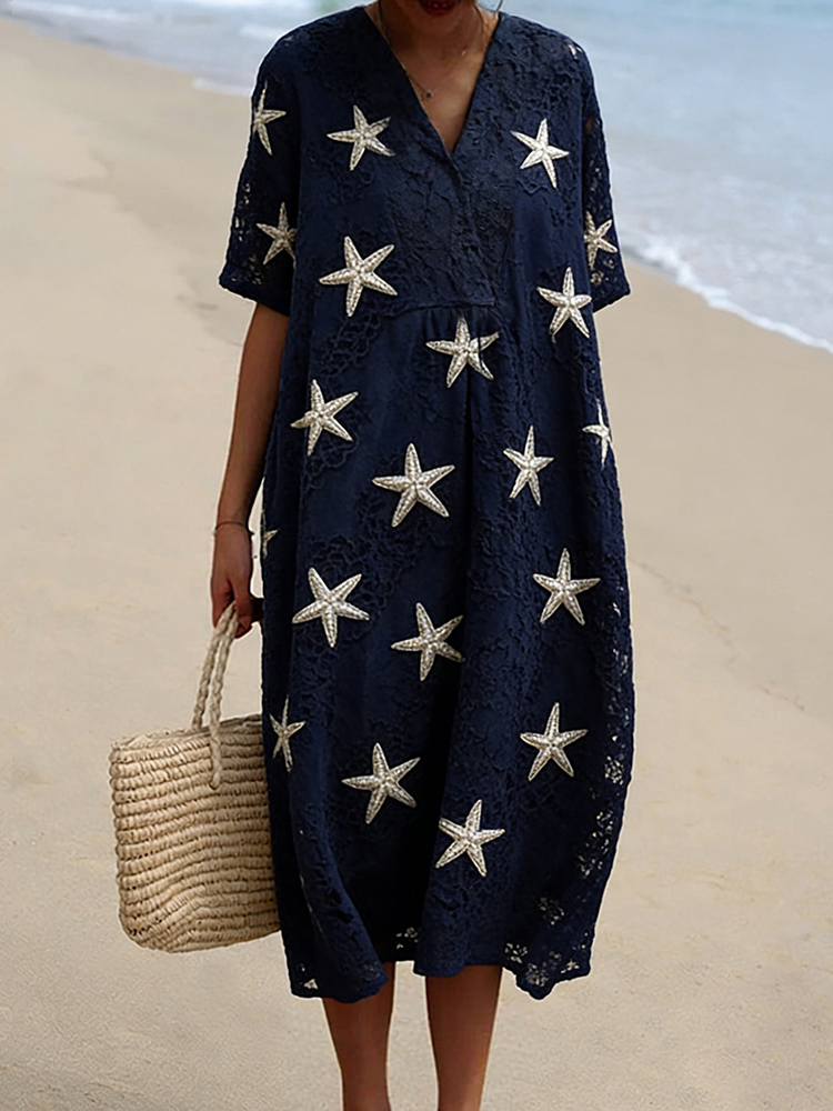 Vintage Starfish Embroidered Lace Linen Midi Dress wearshes