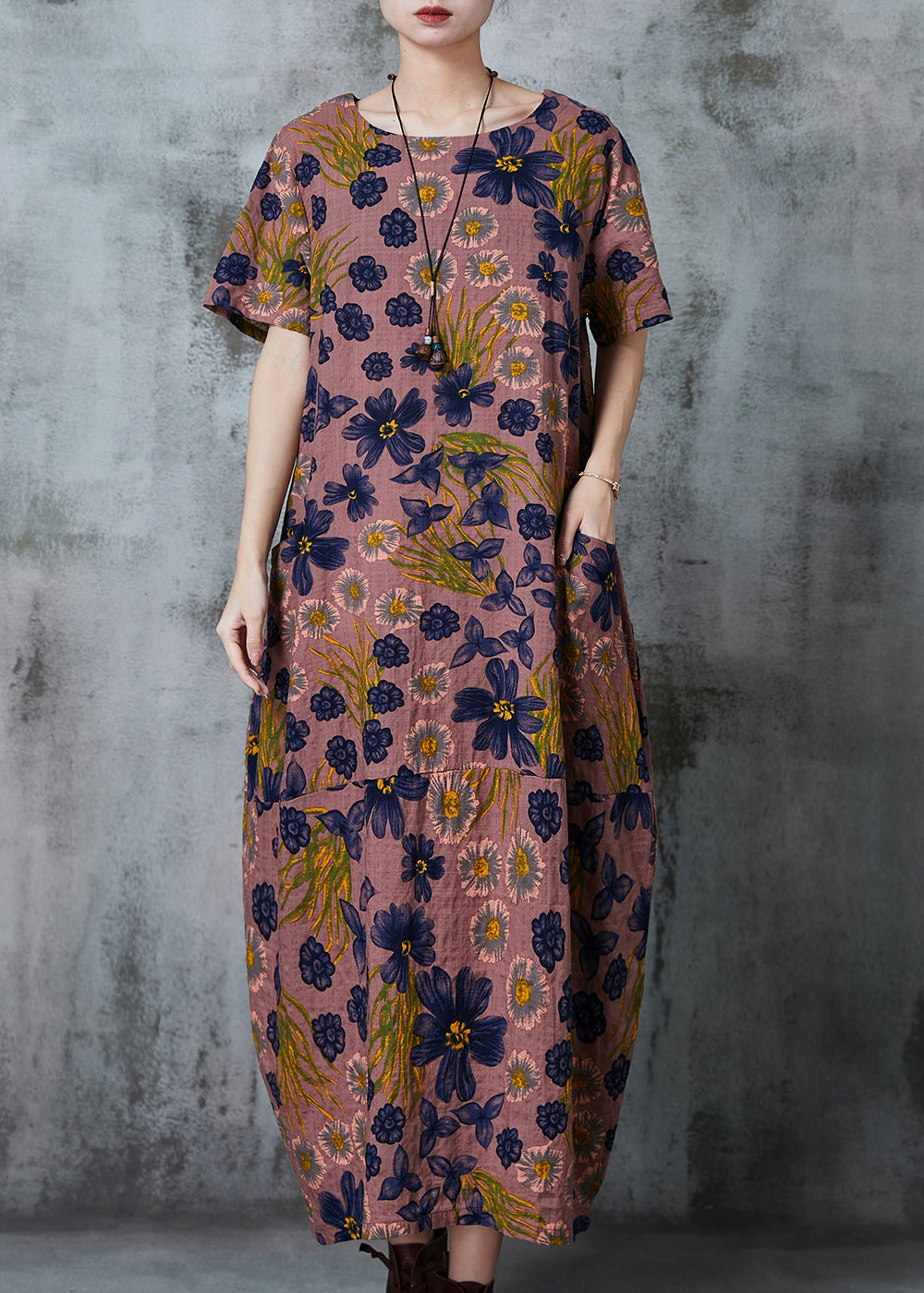 VCSHOES Brown Print Pockets Cotton Holiday Dress Summer