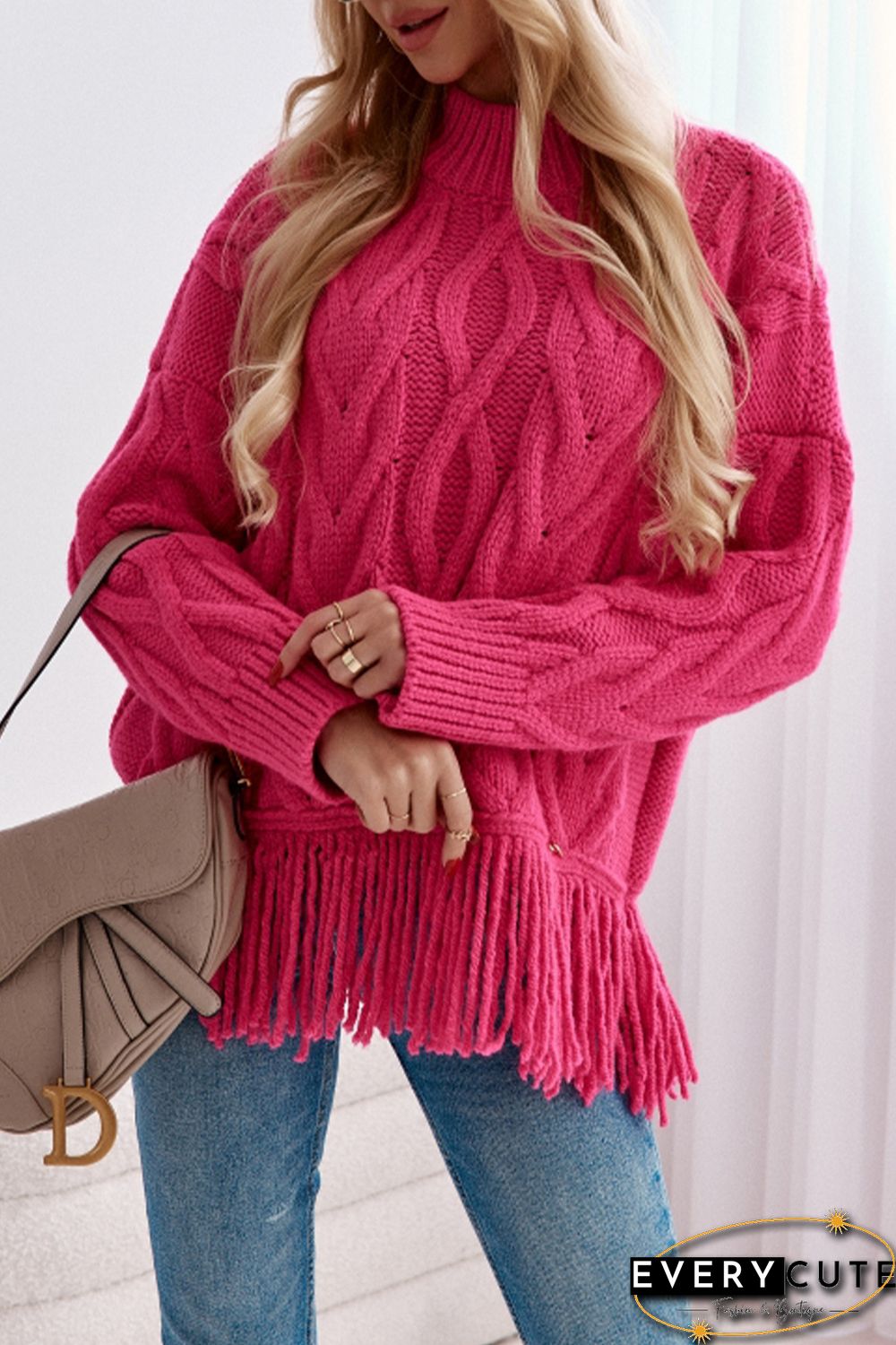 Rose High Neck Cable Knit Tasseled Sweater