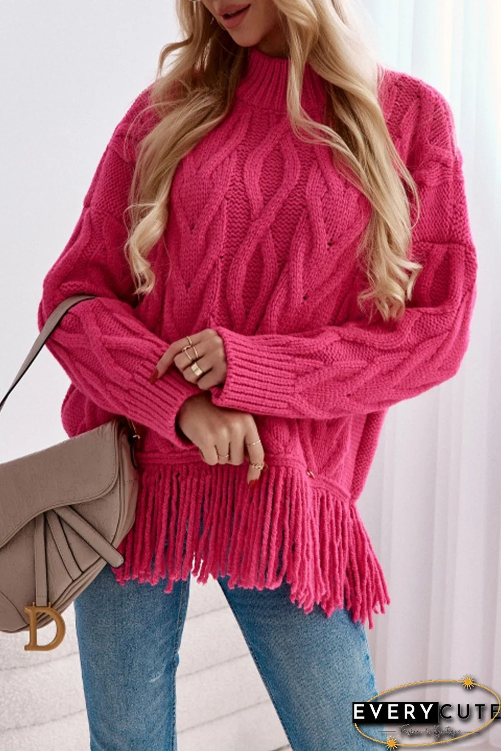 Rose High Neck Cable Knit Tasseled Sweater