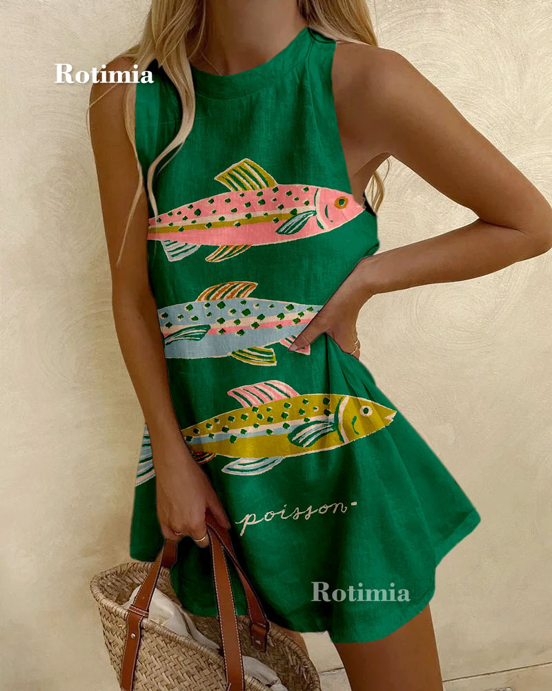 Stylish Fish Print Wave Edge Mini Dress