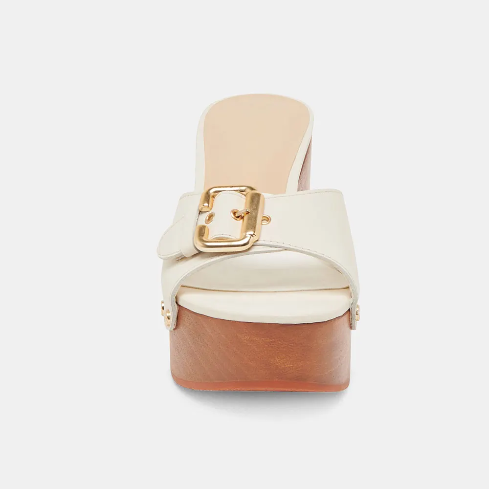 White Open Round Toe Studded Platform Mules Sandals with Buckle