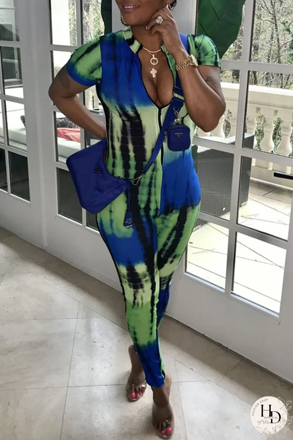 Purple Fashion Casual Print Basic Zipper Collar Regular Jumpsuits