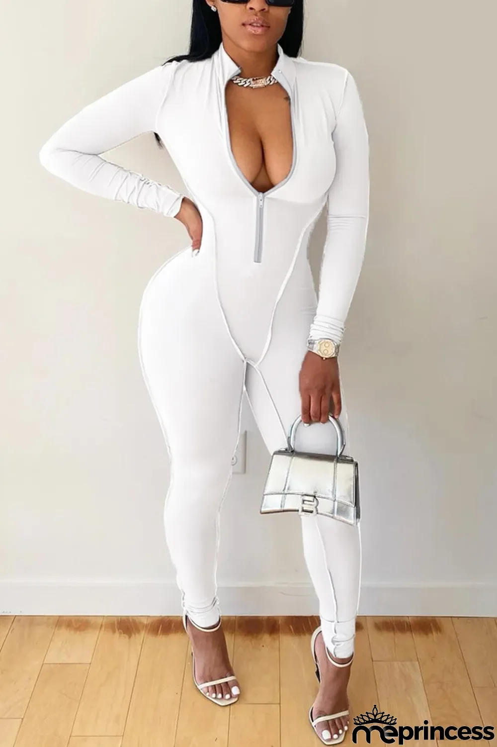 White Fashion Casual Solid Basic Zipper Collar Skinny Jumpsuits