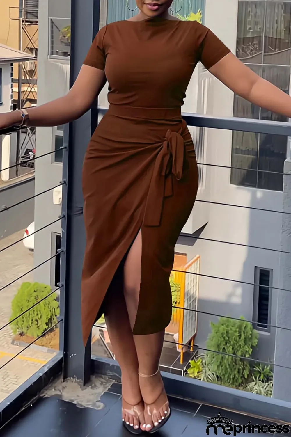 Green Casual Solid Bandage Slit O Neck Short Sleeve Two Pieces