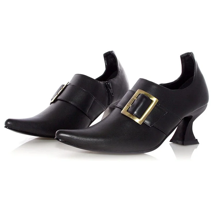 Women's Black Golden Buckle Witch Costumes Halloween Spool Heels Pumps |FSJ Shoes