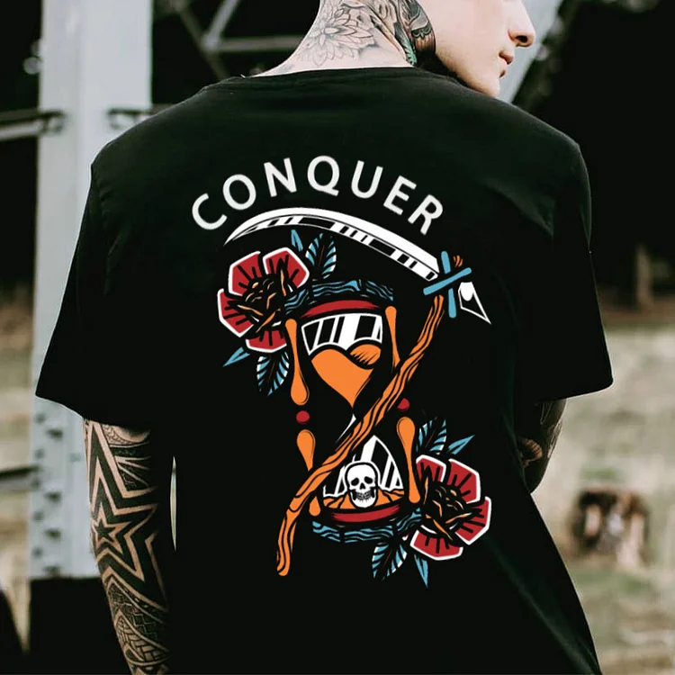 Conquer printed flower skull men's designer T-shirt