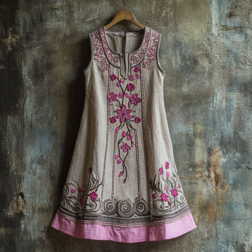 Vintage Celtic Knot With Cherry Blossoms Pattern Linen Tank Dress
