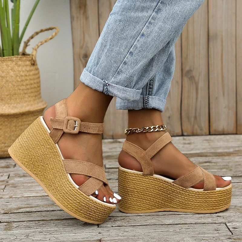 Qengg New Women's Sandals Fashion Buckle Platform Wedge Casual Shoes Hemp Rope Weave Comfortable Roman Sandals Sandalias Tacon Grueso