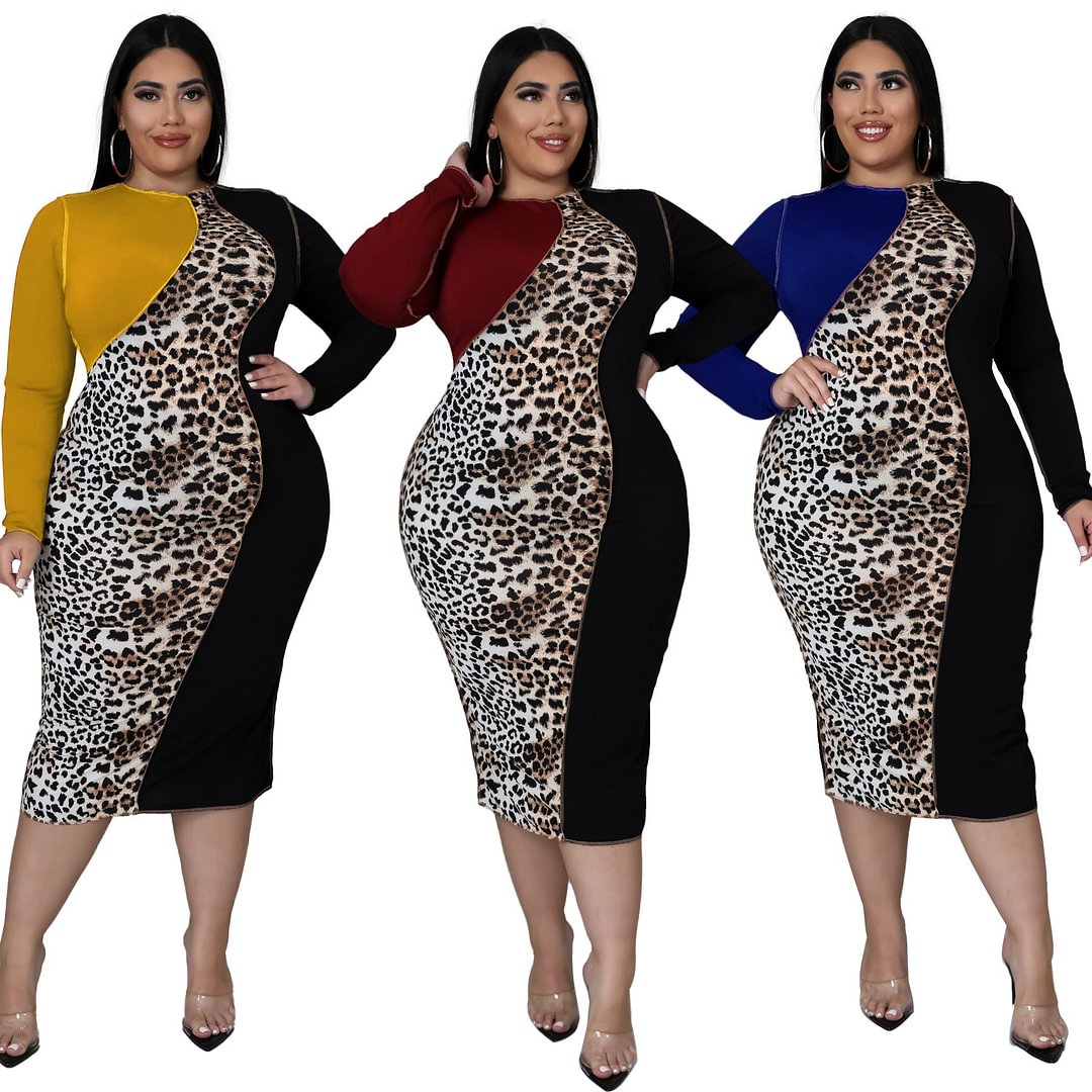 Fat Woman Plus Size Women's Leopard Print Color Matching Dress Three Colors