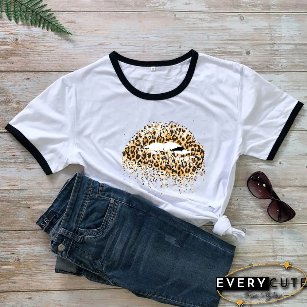 Funny Leopard Lips Dripping T-shirt TrendyPersonalityShirtsWomenFashionCasualPureCottonVintageShirt 90sAesthetic Tee