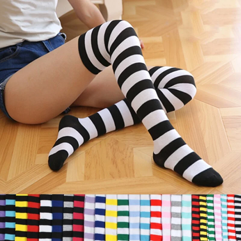 CUHAKCI High Striped Cotton Socks Cute Stripe Printed Sock Women Over Knee Long ThighPlus Size Overknee Socks Girls