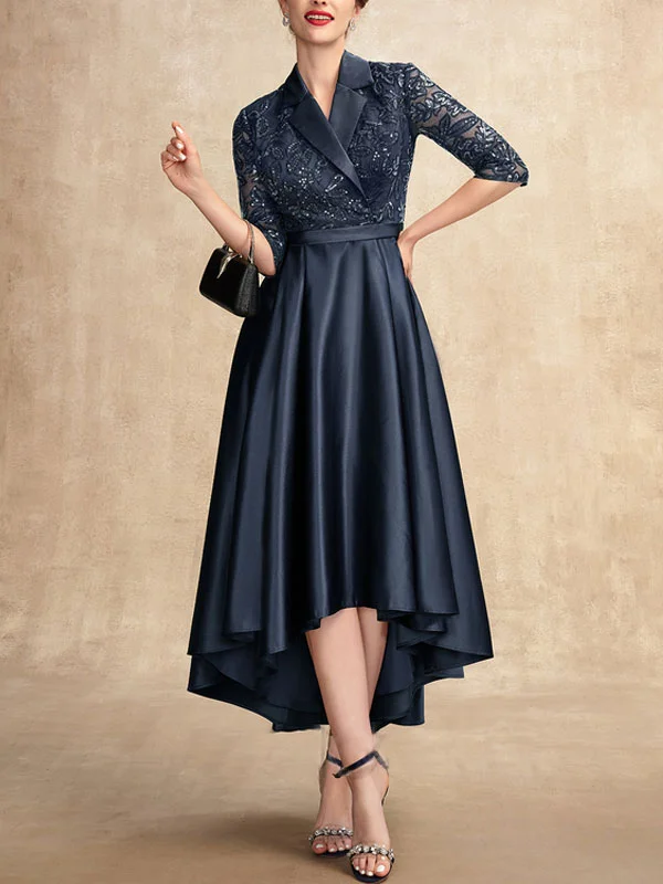 A-Line V-neck Asymmetrical Satin Lace Mother of the Bride Dress With Sequins Pockets