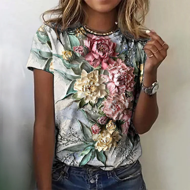 Oil Painting Flower Print Short Sleeved T-Shirt