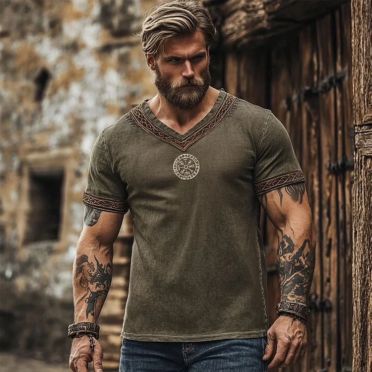 Men's Viking Compass Celtic Embroidered Linen Shirt