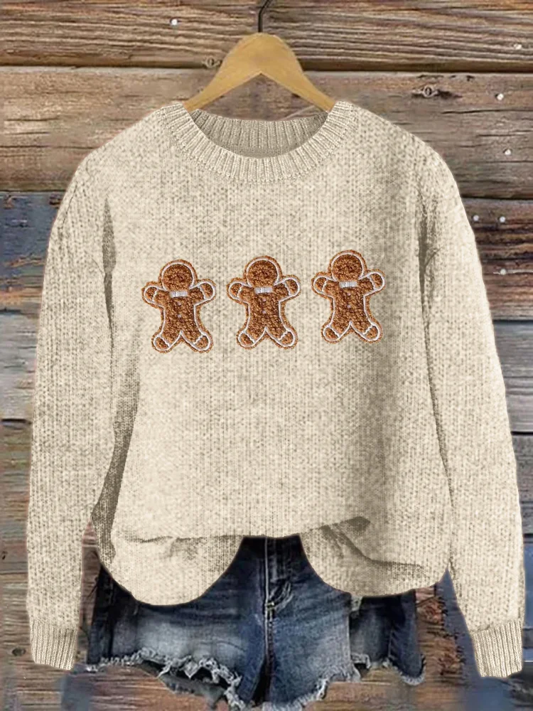 Christmas Gingerbread Fleece Applique Embroidered Cozy Sweater