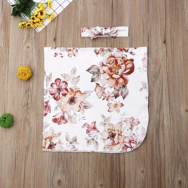 2019 Baby Blanket Swaddling Newborn Floral Muslin Swaddle Baby Girl Blanket Parisarc Wrap Sleeping Bag Towel + Headband 2Pcs Set