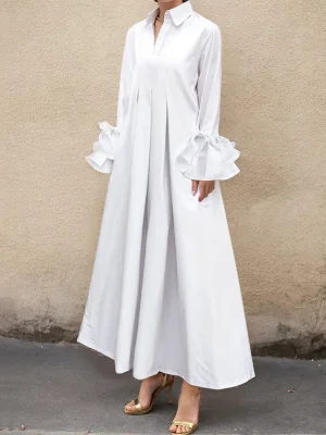 Image of Flared Sleeves Pleated Solid Color Split-Joint Lapel Maxi Dresses Shirt Dress