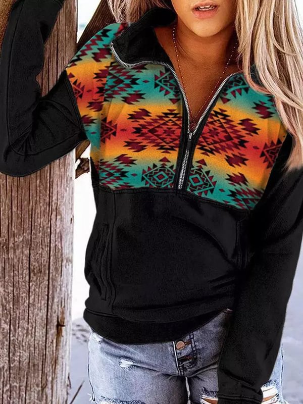 Aztec Geometric Zipper Pocket Sweatshirt