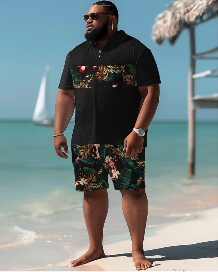 Hawaiian Tropical Leaf Pattern Colorblock Shorts Men's Plus Size Set