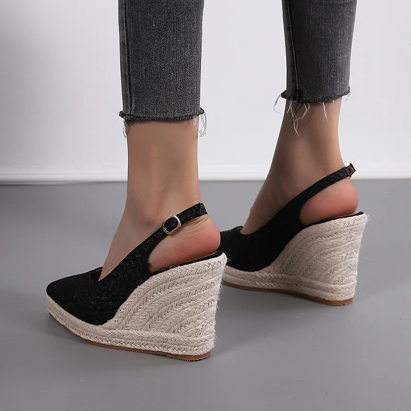 Wongn Wongn Heel Thick High Heel Pointed Head Drag Sandals Women Shallow Mouth Empty Single Shoes Straw Hemp Rope