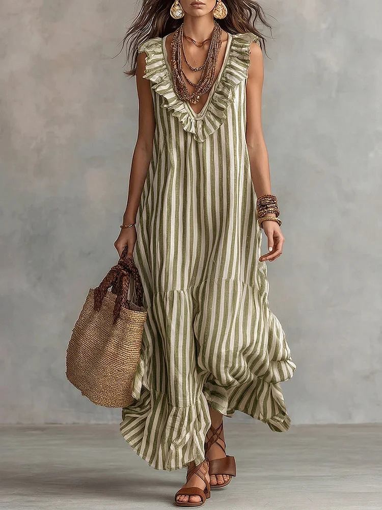 Retro Ruffled V-neck Striped Cotton-linen Dress
