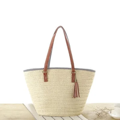 casual tassel straw bags rattan women handbags wicker woven shoulder bags large capacity tote bucket bag summer beach purses new