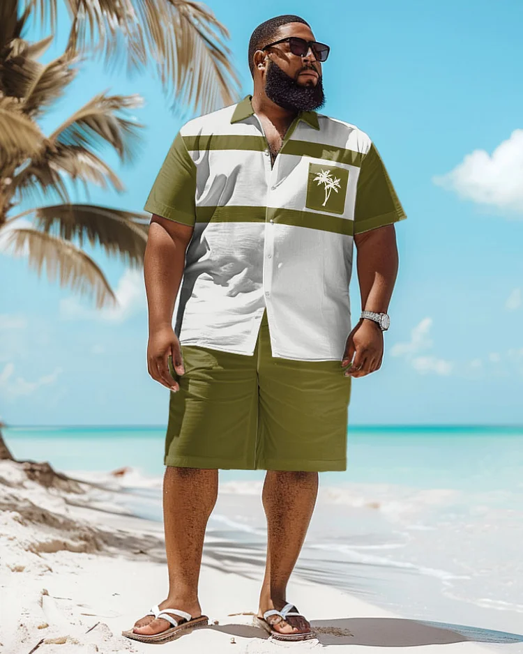 Men's Plus Size Hawaiian Coconut Tree Print Pocket Shirt Shorts Suit