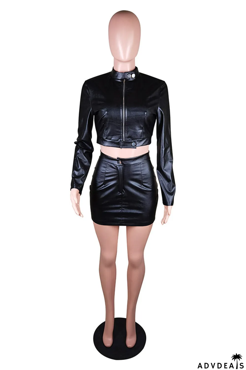 Coffee Fashion Sexy Solid Split Joint Zipper Collar Long Sleeve Two Pieces