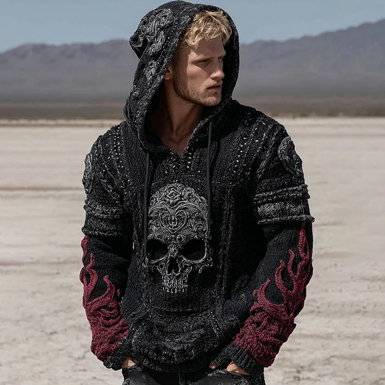 Men's Retro Skull And Flame Inspired Knitted Cozy Hooded Sweater