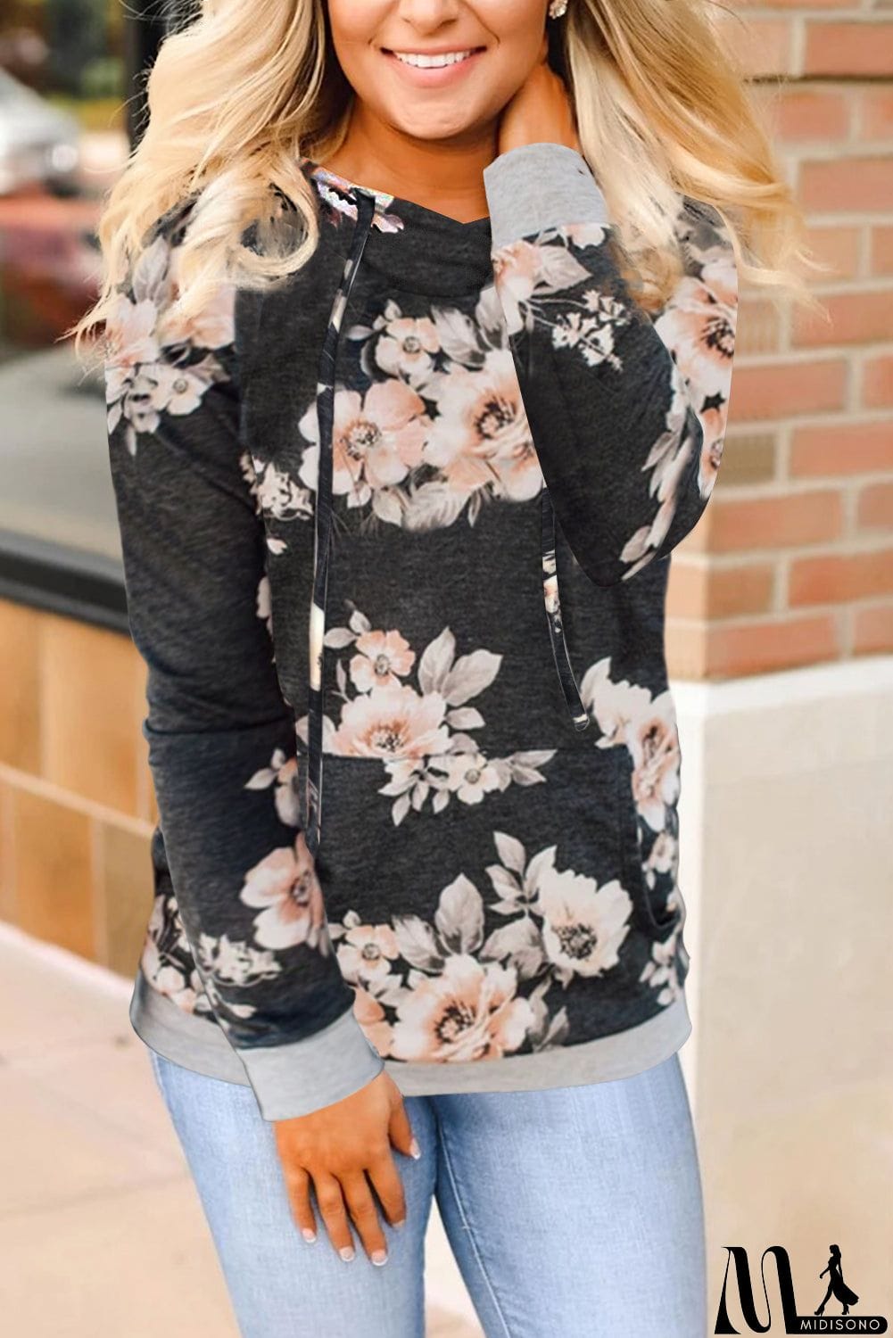 MidiSono - Floral Hoodie with Kangaroo Pocket