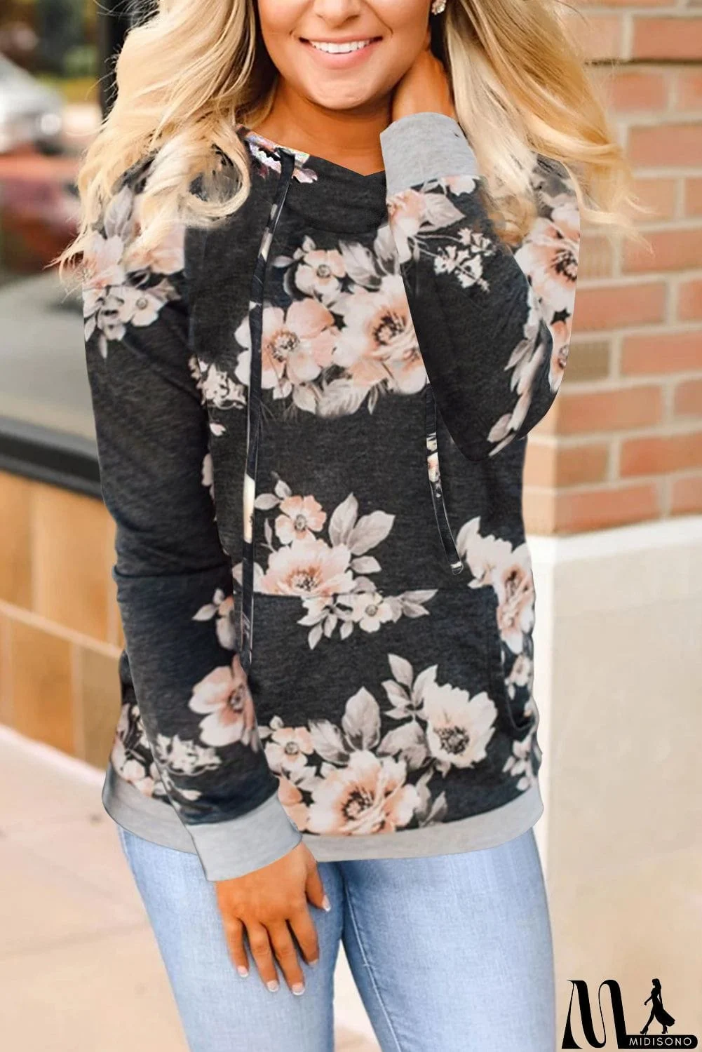 MidiSono - Floral Hoodie with Kangaroo Pocket