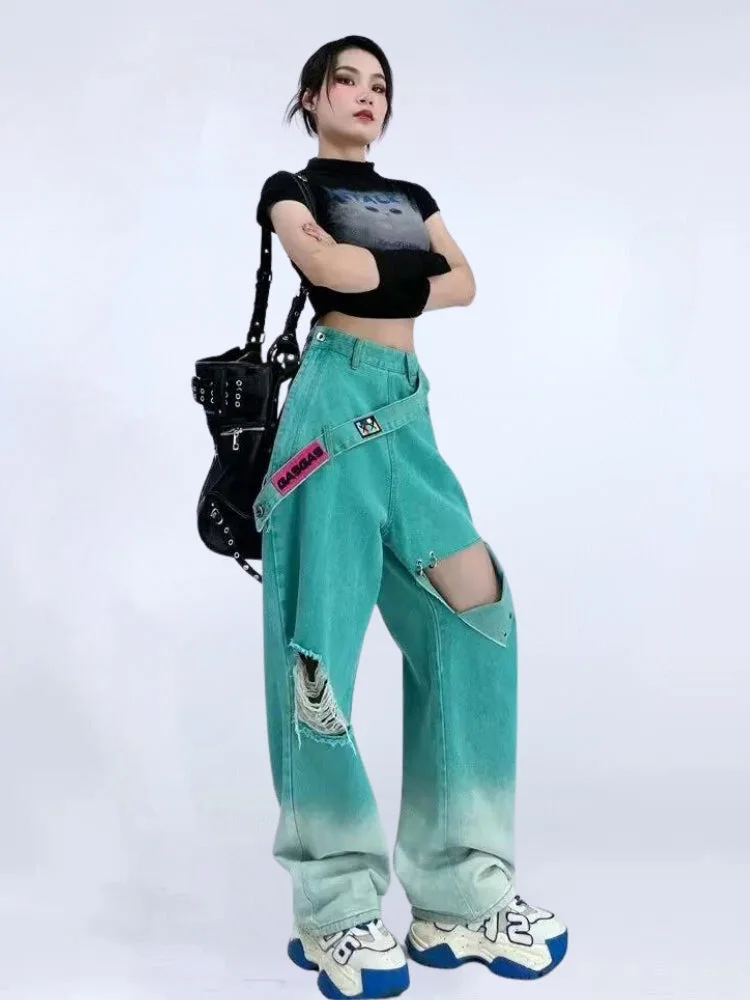 Brownm Denim Strap Baggy Jeans