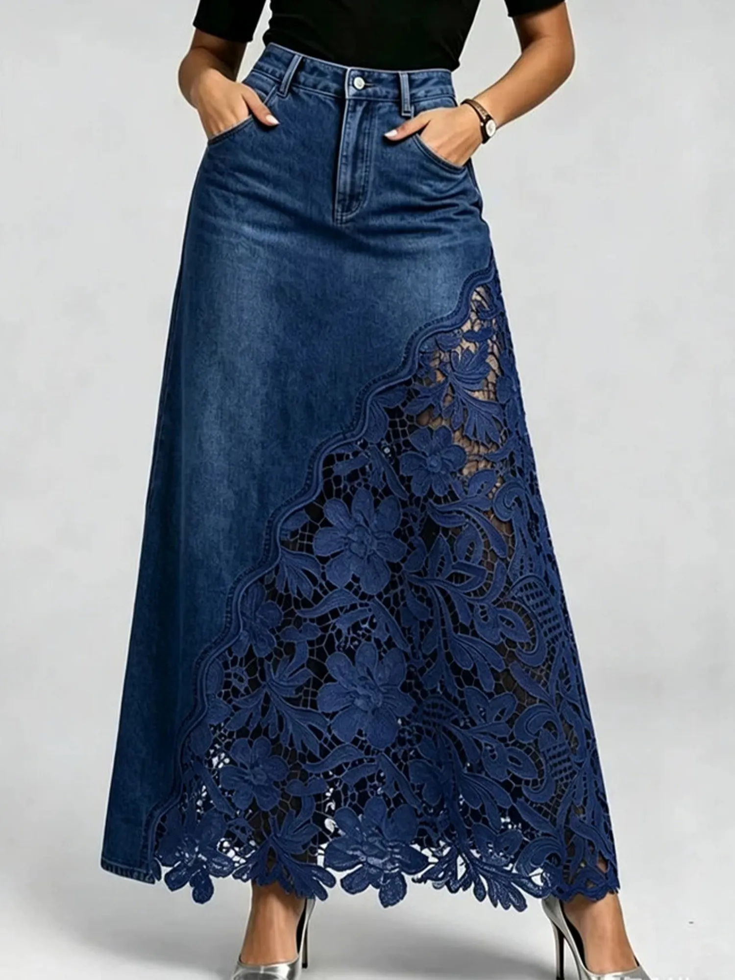 Everyday Outfit &mdash; Asymmetrical Lace Trim Slim Fit Denim Skirt