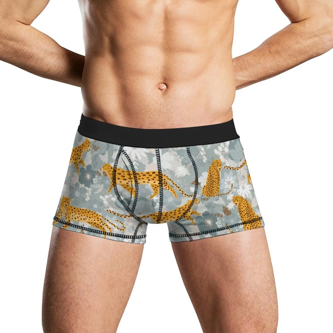 Leopards Surrounded by Beautiful Flowers Men's Underwear Stretch Boxer with ComfortFlex Waistband Brief