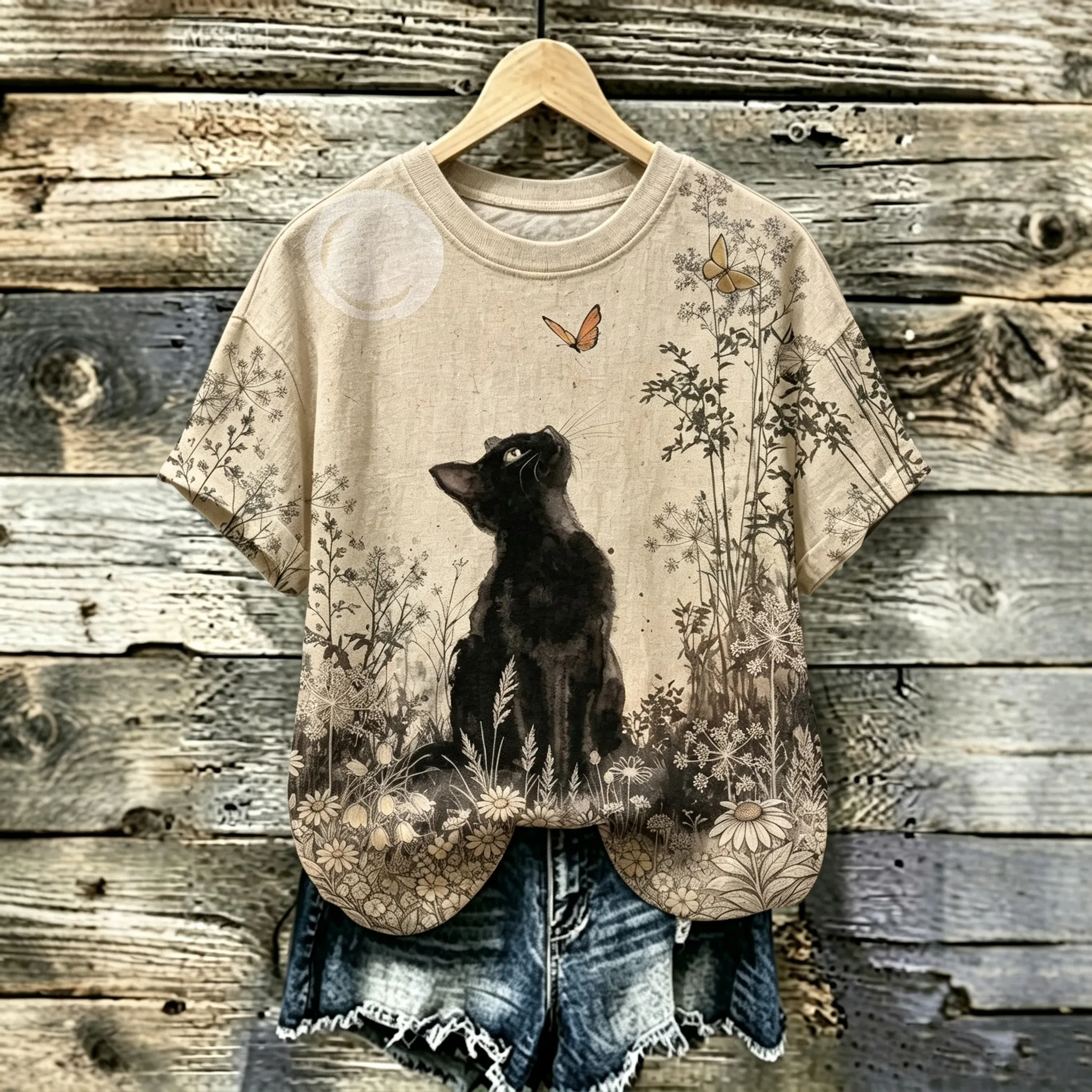 Comstylish Women's Retro Bohemian Japanese Art Cat, Butterfly And Floral Print T-shirt