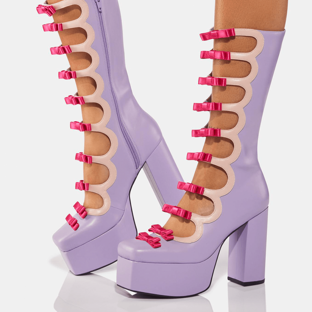 Lilac Platform Bow Square Toe Chunky Heel Boots Nicepairs